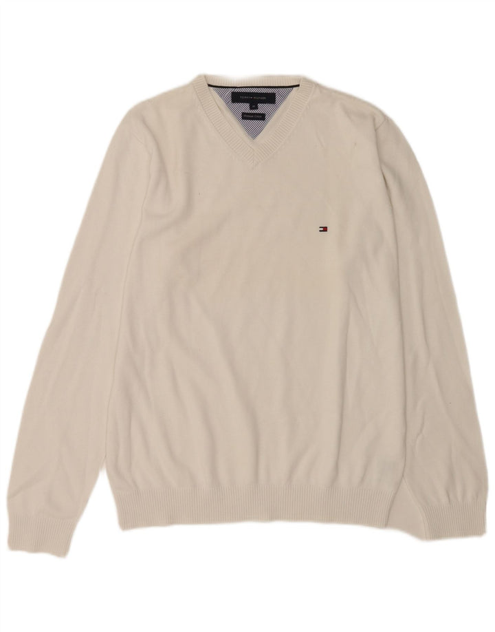 Męski sweter Tommy Hilfiger z dekoltem w kształcie litery V, średniej wielkości biała bawełna