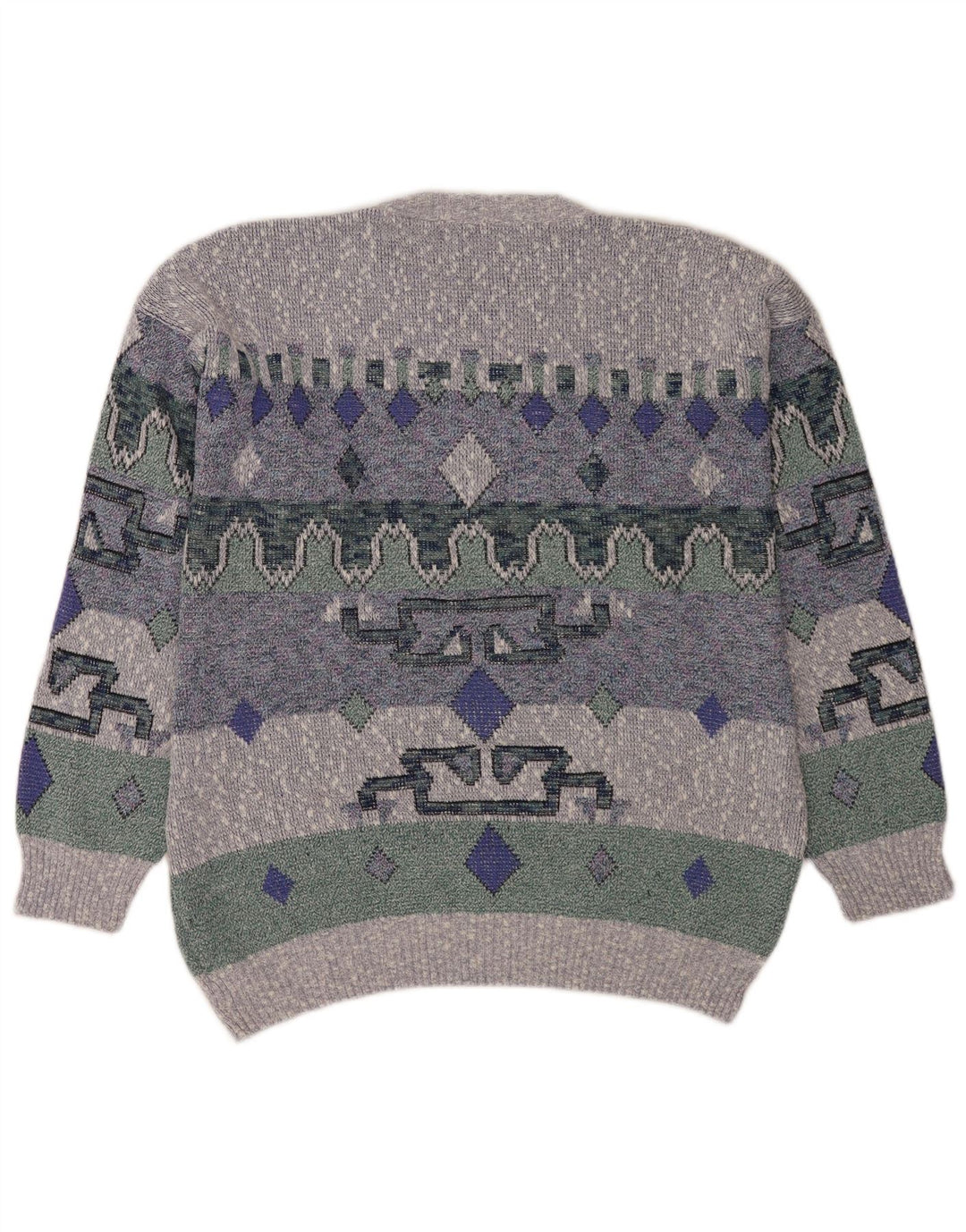 Vintage męski sweter z wycięciem pod szyją, duży niebieski geometryczny