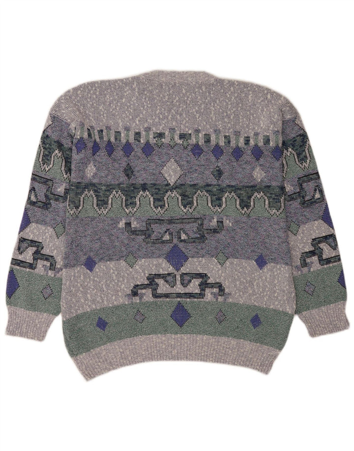 Vintage męski sweter z wycięciem pod szyją, duży niebieski geometryczny