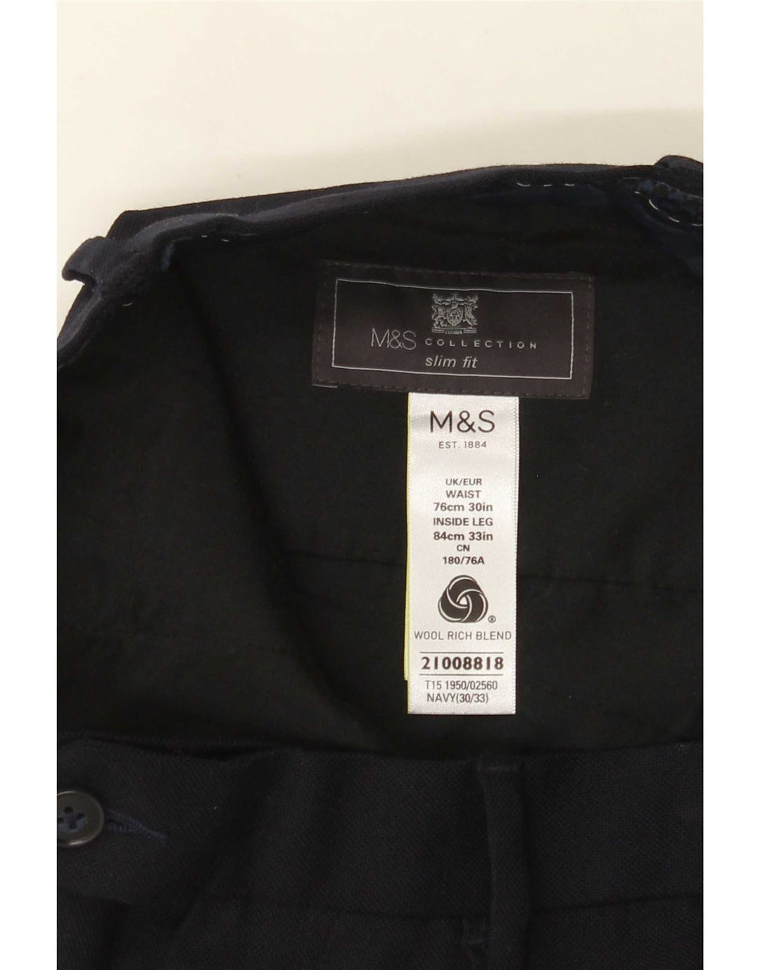 Męskie spodnie garniturowe Marks & Spencer W30 L33 Granatowo-wełniane