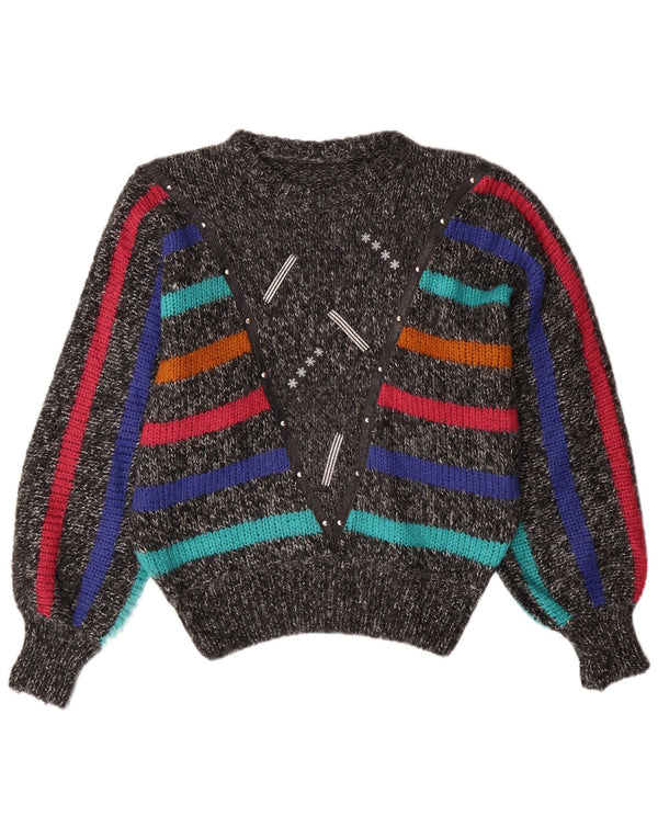 Damski sweter z okrągłym dekoltem w stylu vintage, UK 14, w średnie szare paski