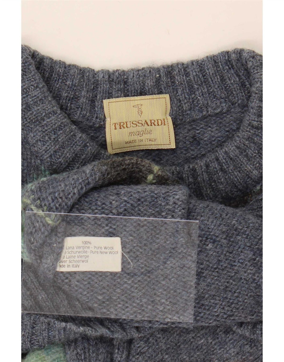 Męski sweter z okrągłym dekoltem Trussardi, średni niebieski Argyle/diamentowa wełna