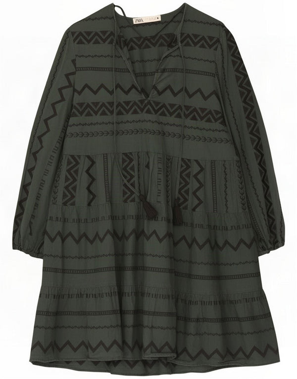 Warstwowa sukienka damska z długim rękawem Zara UK 10 Small Green Chevron