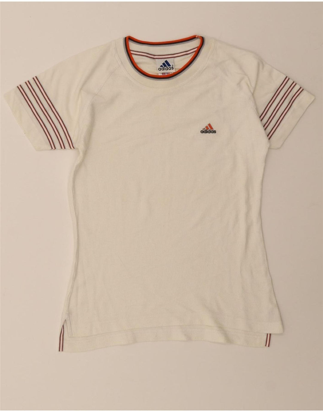 ADIDAS Womens T-Shirt Top UK 14 Medium  White Striped Vintage Adidas and Second-Hand Adidas from Messina Hembry 