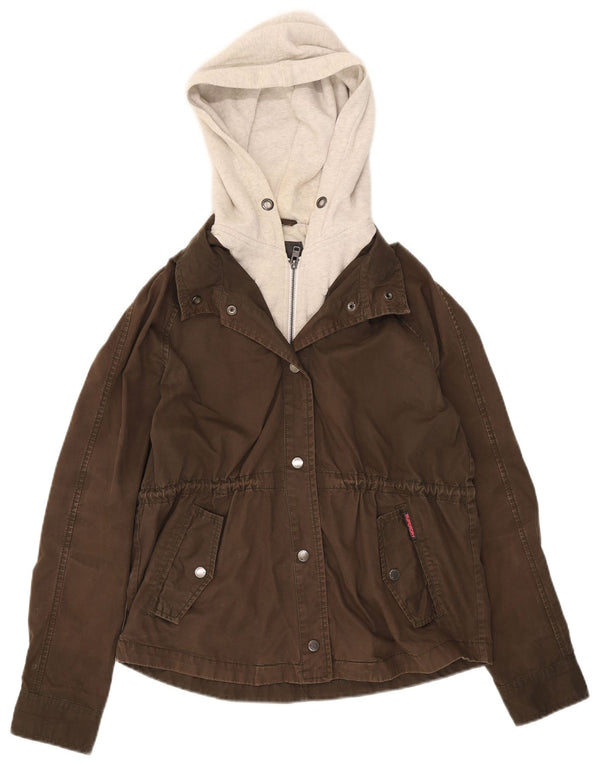 Damska kurtka bomber z kapturem Superdry UK 14, średnia bawełna khaki z blokami kolorów