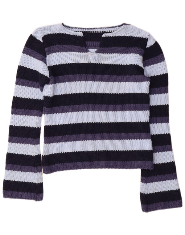 Sweter damski w stylu vintage z dekoltem w kształcie litery V, UK 12, średnie, wielokolorowe paski