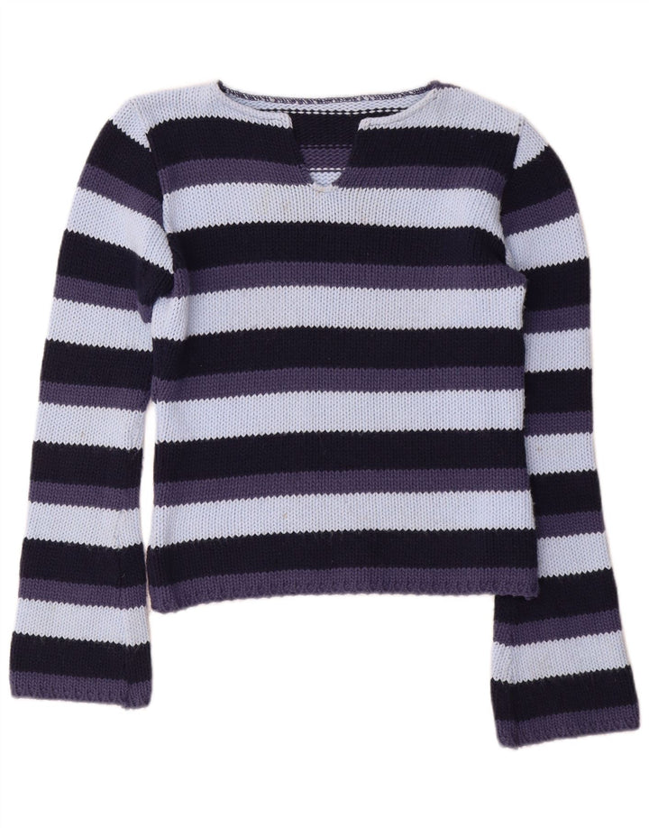 Sweter damski w stylu vintage z dekoltem w kształcie litery V, UK 12, średnie, wielokolorowe paski