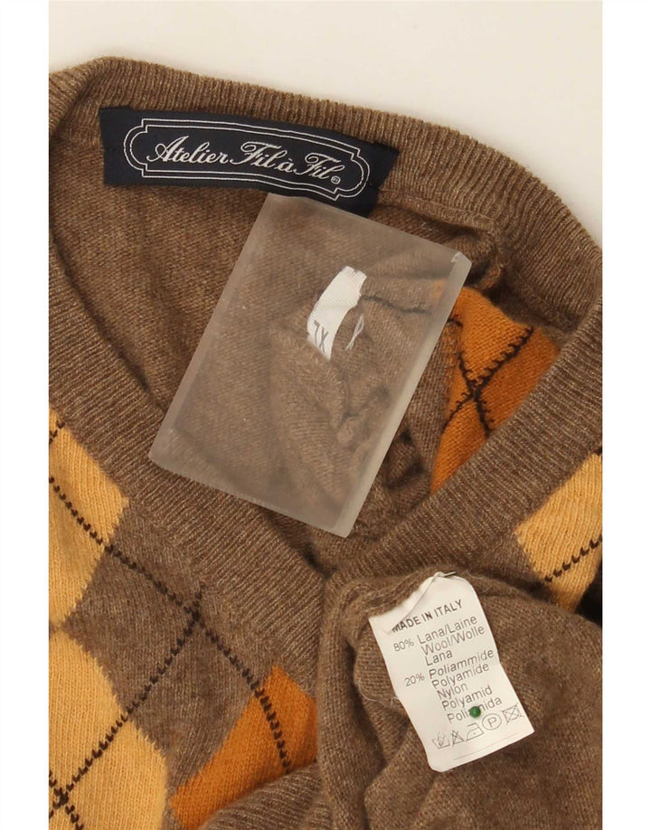 Vintage męski sweter z dekoltem w kształcie litery V, XL, brązowy, argyle/diamentowa wełna