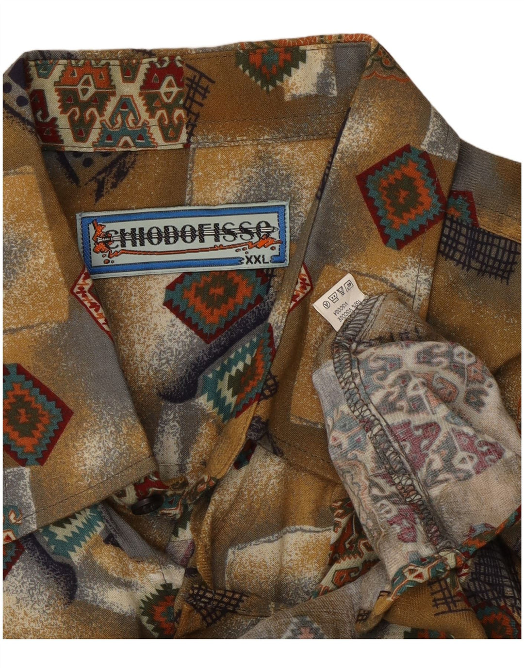 Vintage męska koszula z krótkim rękawem 2XL Khaki patchworkowa wiskoza