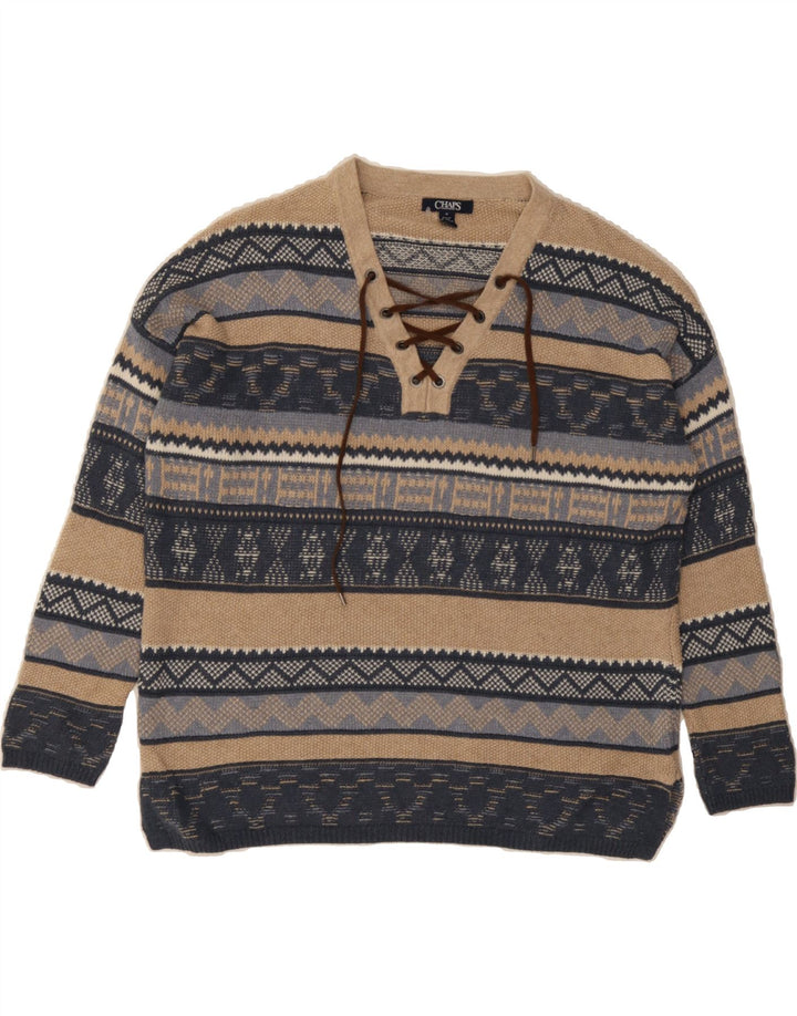 CHAPS Womens Oversized V-Neck Jumper Sweater UK 14 Medium Beige Fair Isle Vintage Chaps and Second-Hand Chaps from Messina Hembry 