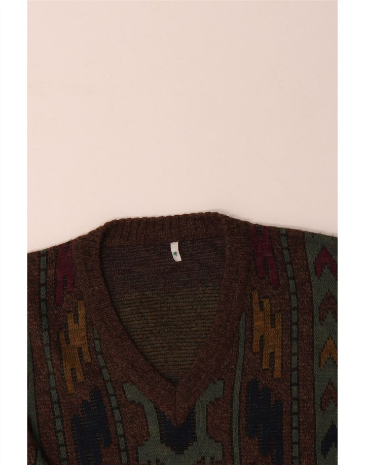 Męski sweter VINTAGE z dekoltem w kształcie litery V IT 50 Średni brązowy geometryczny