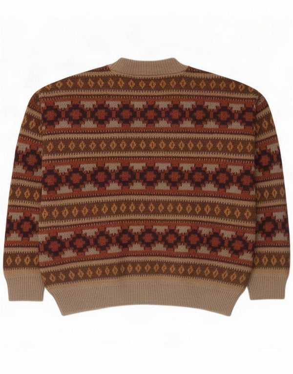 Męski sweter z okrągłym dekoltem w stylu vintage XL brązowy geometryczny akryl