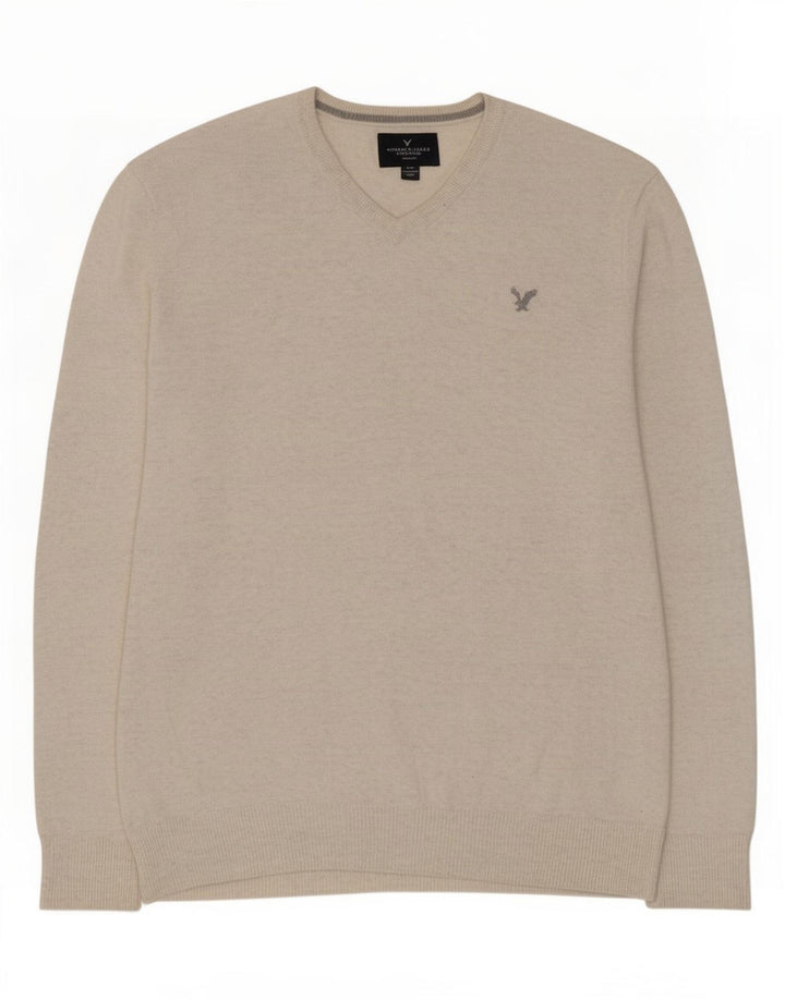 Męski sweter American Eagle Outfitters z dekoltem w kształcie litery V, średnio beżowy, nakrapiany