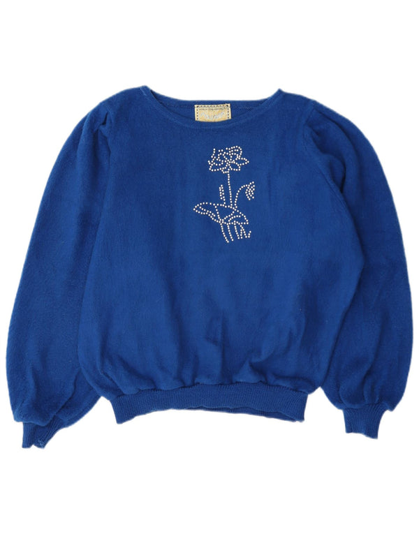 Sweter damski w stylu vintage z dekoltem w łódkę UK 16, duży niebieski w kwiaty