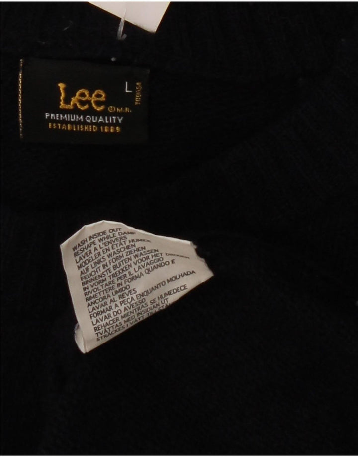 Damski sweter Lee z graficznym wycięciem pod szyją, duży, granatowy, wełniany