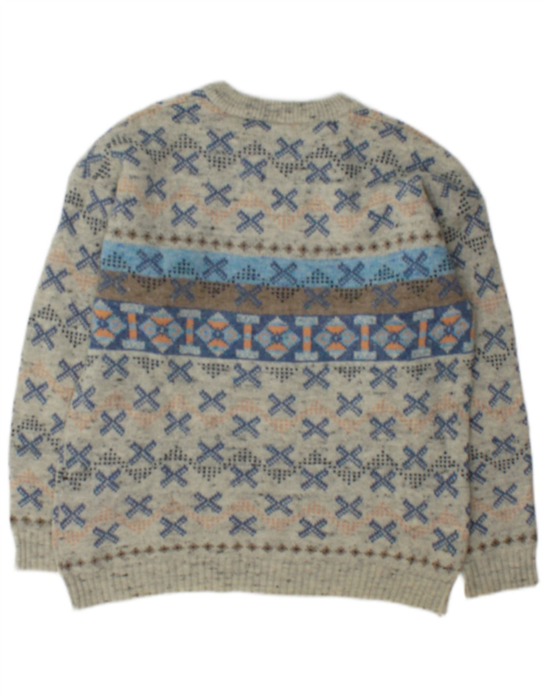 Vintage męski sweter z dekoltem w łódkę, średnioszary, geometryczny wełniany