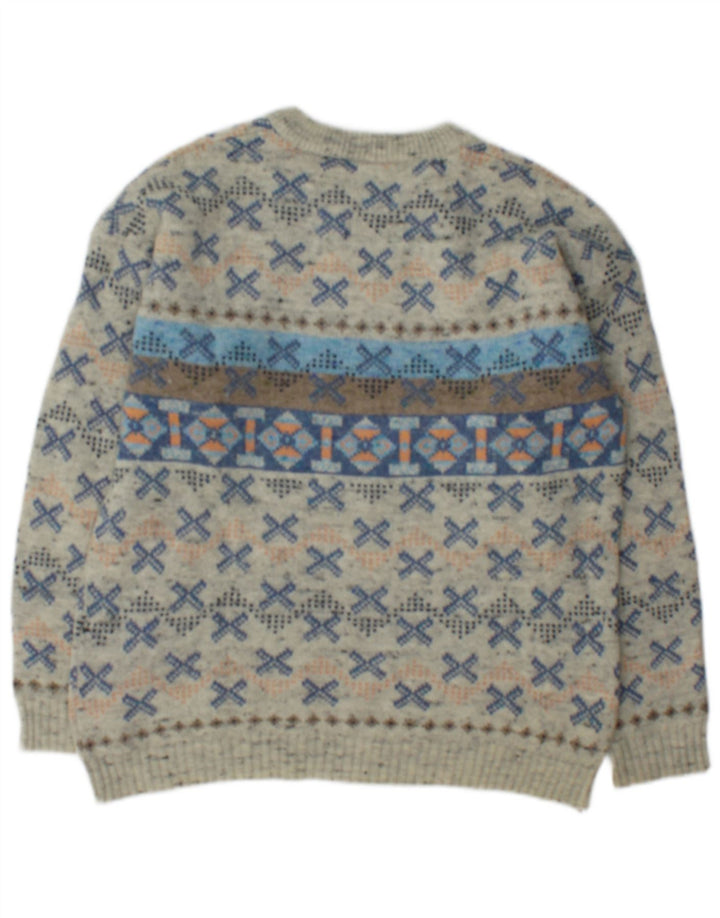 Vintage męski sweter z dekoltem w łódkę, średnioszary, geometryczny wełniany