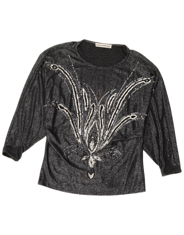 Damska bluzka z długim rękawem VINTAGE IT 42 Średnia czarna kwiecista wiskoza