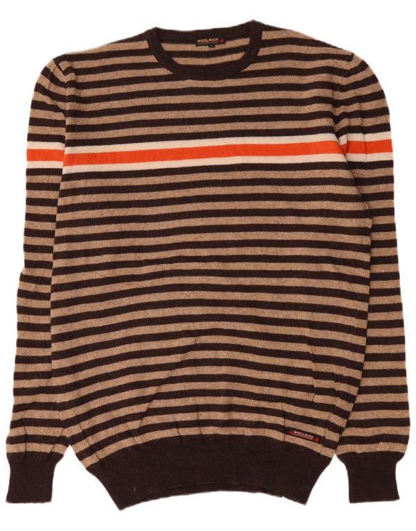 Woolrich Męski sweter z okrągłym dekoltem XL, wełniany w beżowe paski