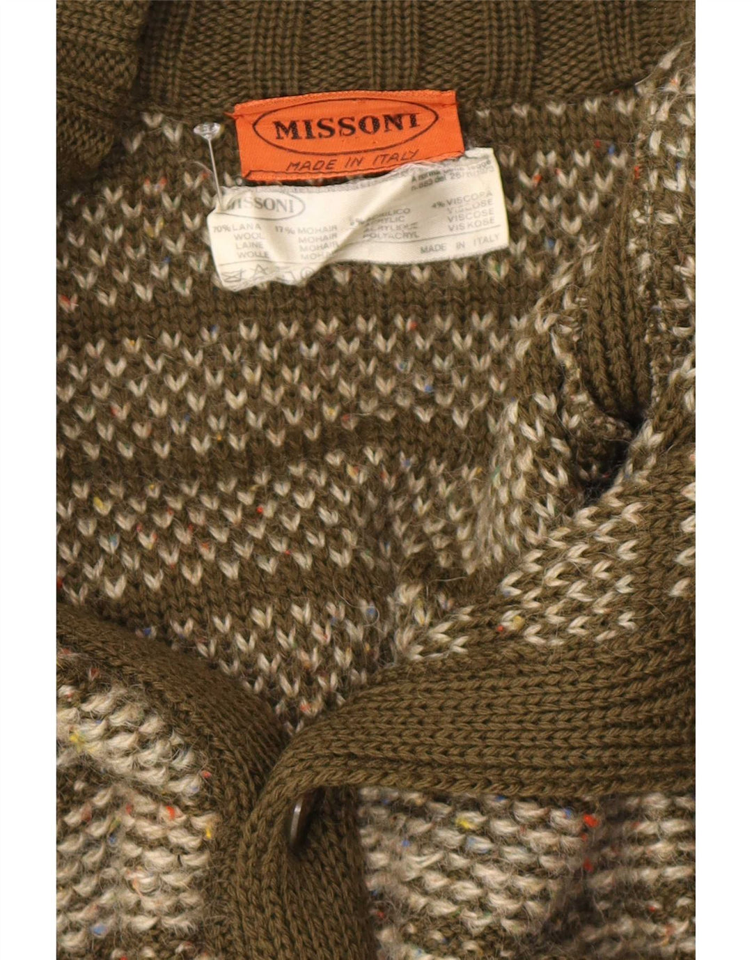Męski sweter rozpinany Missoni, średnia wełna w paski khaki