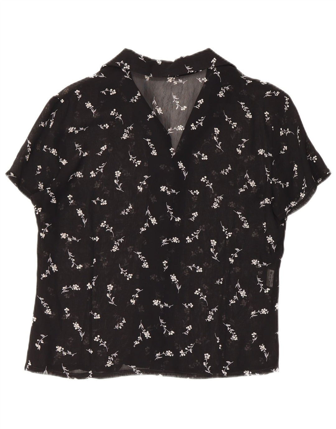 Vintage damska prześwitująca bluzka koszulowa UK 12, średnia czarna w kwiaty