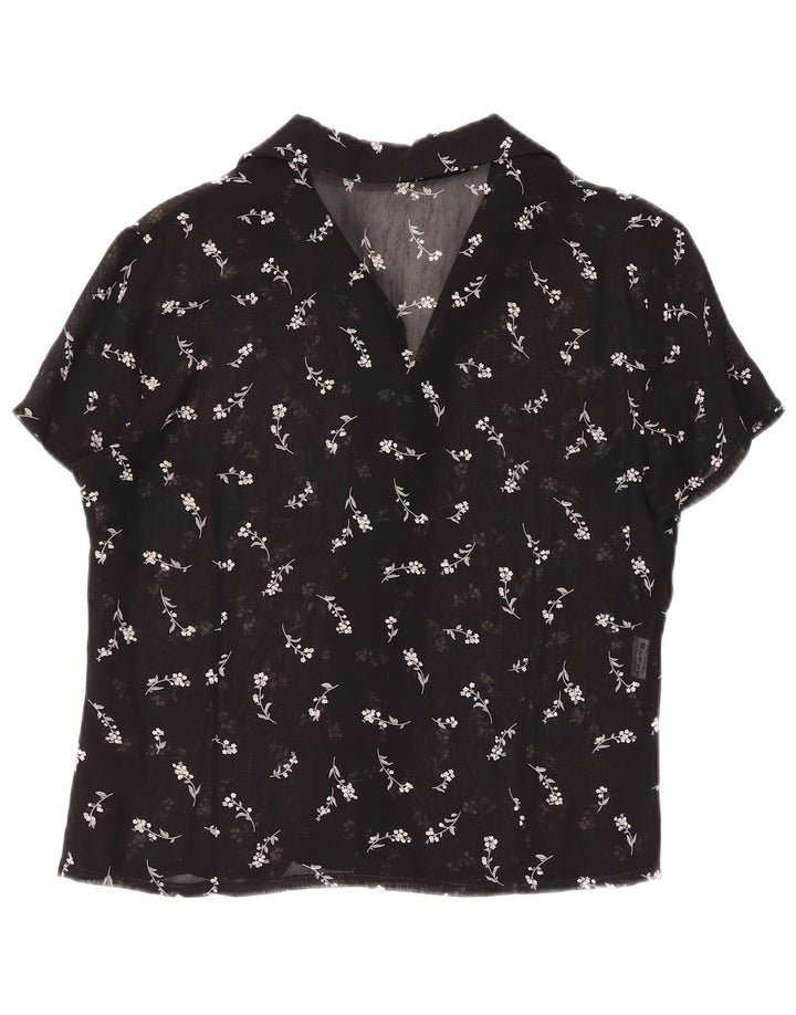 Vintage damska prześwitująca bluzka koszulowa UK 12, średnia czarna w kwiaty