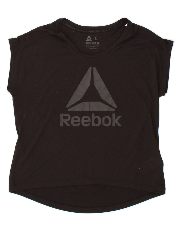 REEBOK Womens Graphic T-Shirt Top UK 16/18 Large Black Polyester Vintage Reebok and Second-Hand Reebok from Messina Hembry 