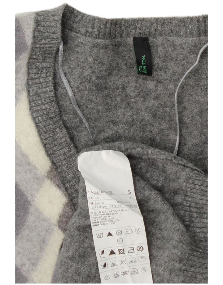 BENETTON Damski sweter z dekoltem w kształcie litery V, UK 10, mały, szary, argyle/diamentowa wełna