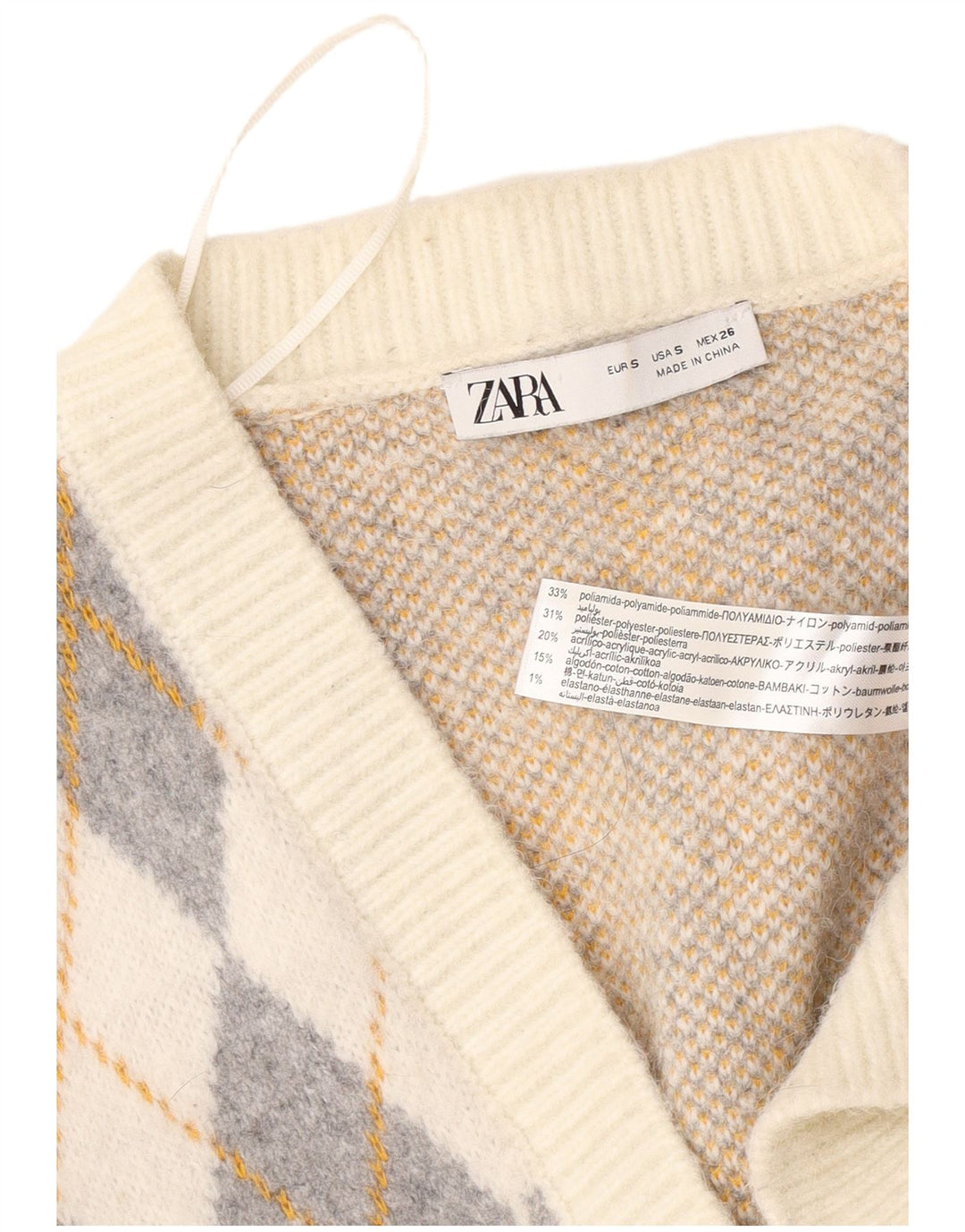 Damski sweter oversize Zara UK 10 Small Off White Argyle/Diament