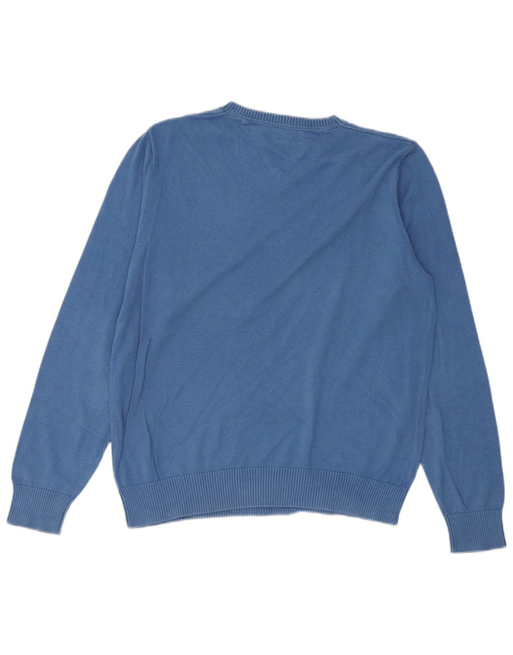 Męski sweter TOMMY HILFIGER z dekoltem w kształcie litery V, średnioniebieski, bawełniany