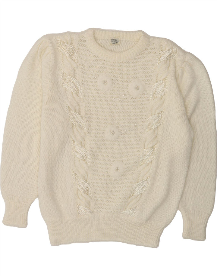 VINTAGE Womens Crew Neck Jumper Sweater EU 40/42 Medium White Polyester Vintage Vintage and Second-Hand Vintage from Messina Hembry 