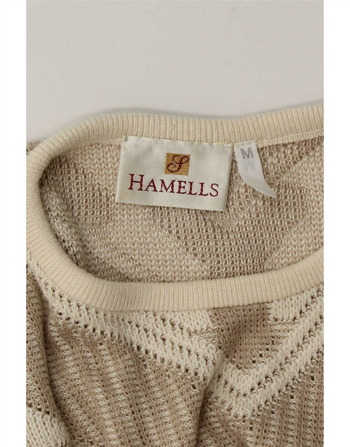Sweter damski w stylu vintage z okrągłym dekoltem UK 12, średni beż geometryczny