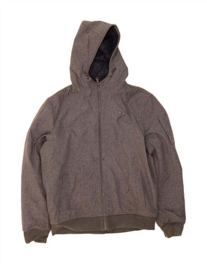 TOMMY HILFIGER Mens Hooded Bomber Jacket UK 38 Medium Grey Polyester Vintage Tommy Hilfiger and Second-Hand Tommy Hilfiger from Messina Hembry 