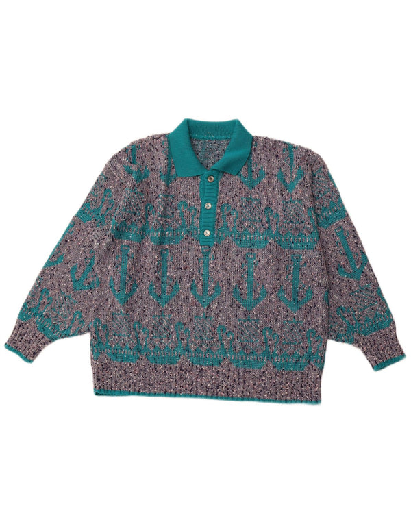 Męski sweter polo w stylu vintage, abstrakcyjny wzór XL, szary