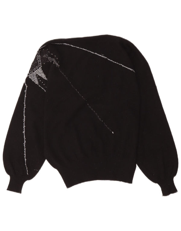 Sweter damski w stylu vintage z graficznym dekoltem w łódkę UK 16, duży czarny