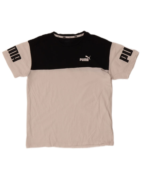 Chłopięcy T-shirt Puma z grafiką, 13-14 lat, biała bawełna z blokami kolorów