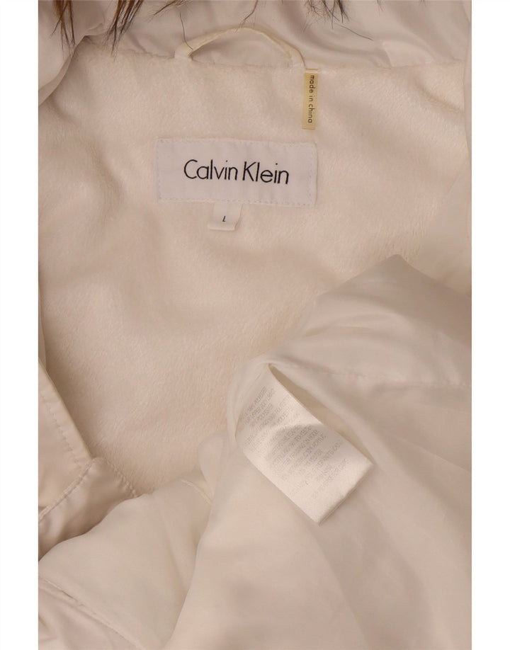Damska ocieplana kurtka z kapturem Calvin Klein UK 16, duża, biała, poliestrowa