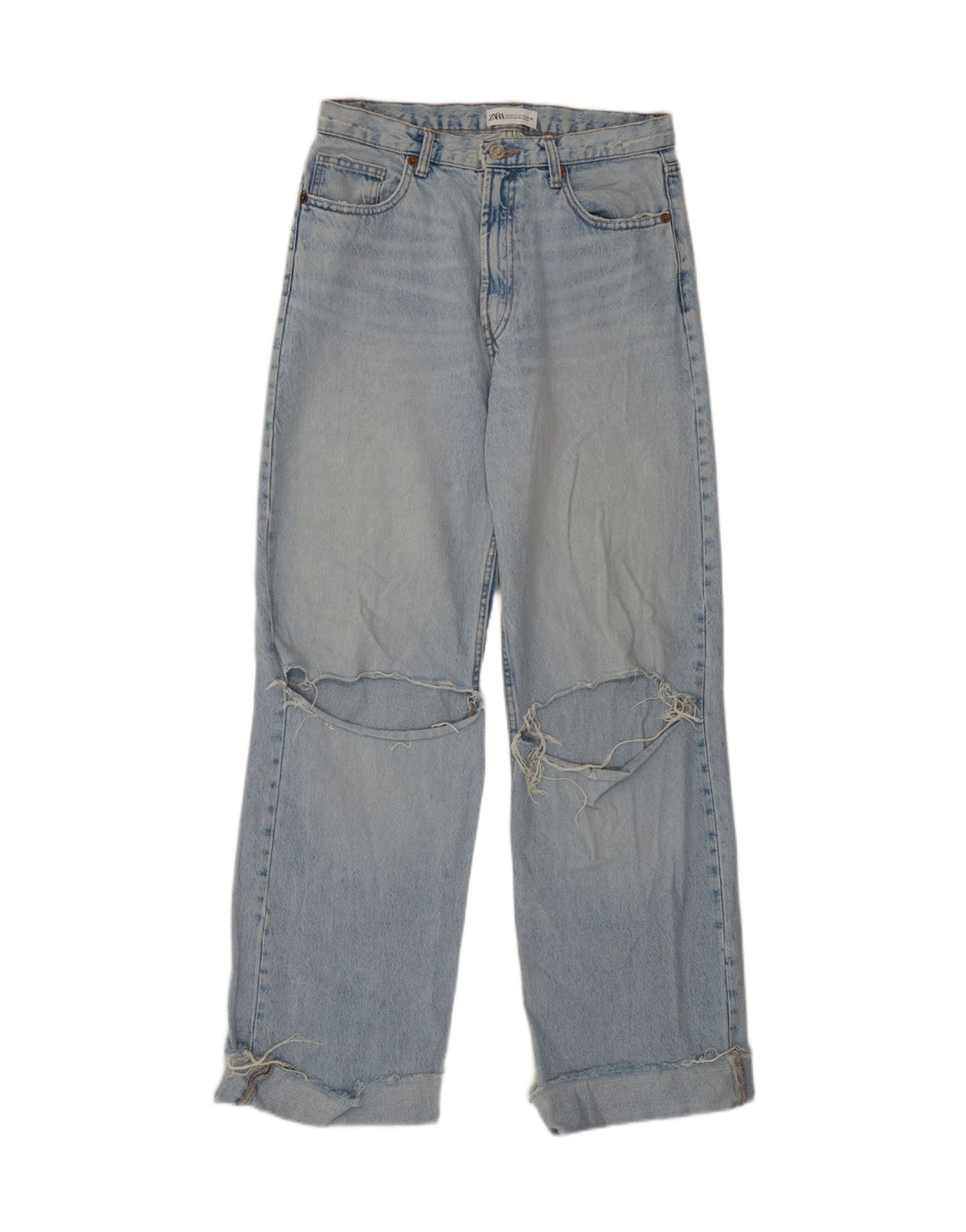 Zara Damskie Jeansy z Wysokim Stanem i Przetarciami EU 40 Średnie W30 L31 Niebieskie