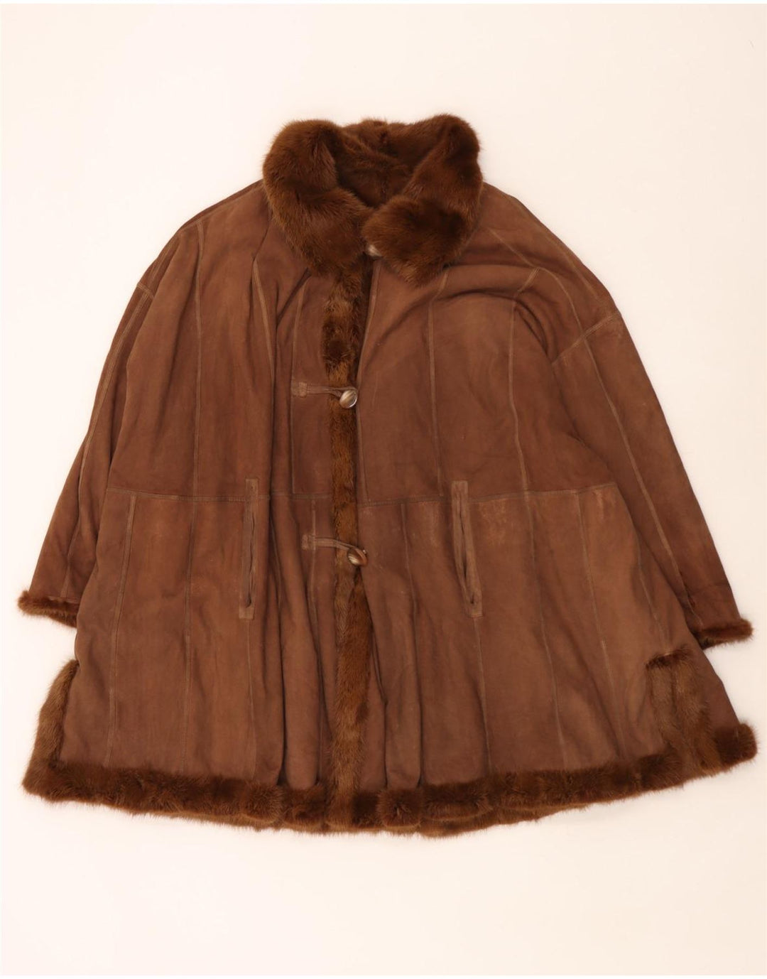 Vintage damski, oversize'owy, dwustronny płaszcz futrzany UK 18 XL, brązowy
