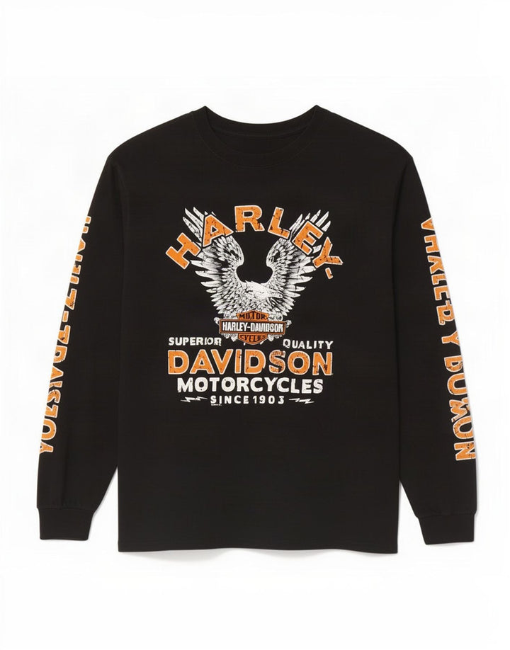 Męski graficzny top Harley Davidson z długim rękawem, duży, czarny, bawełniany