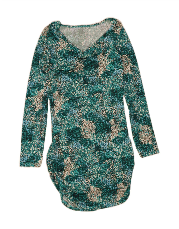 VINTAGE Womens Long Sleeve Basic Dress UK 12 Medium Green Spotted Vintage Vintage and Second-Hand Vintage from Messina Hembry 