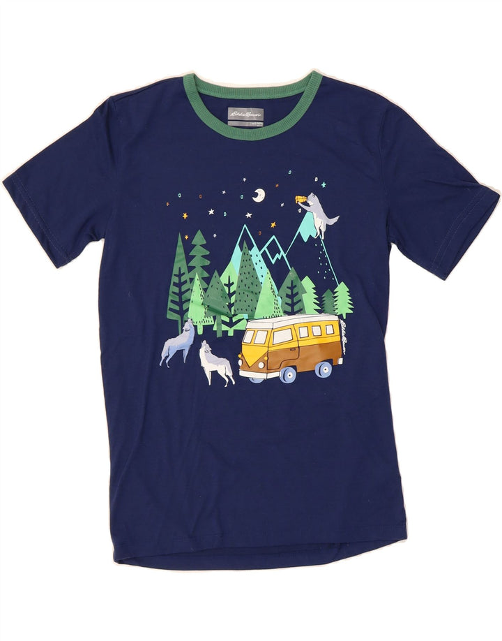 EDDIE BAUER Boys Graphic T-Shirt Top 14-15 Years Large Navy Blue Polyester Vintage Eddie Bauer and Second-Hand Eddie Bauer from Messina Hembry 