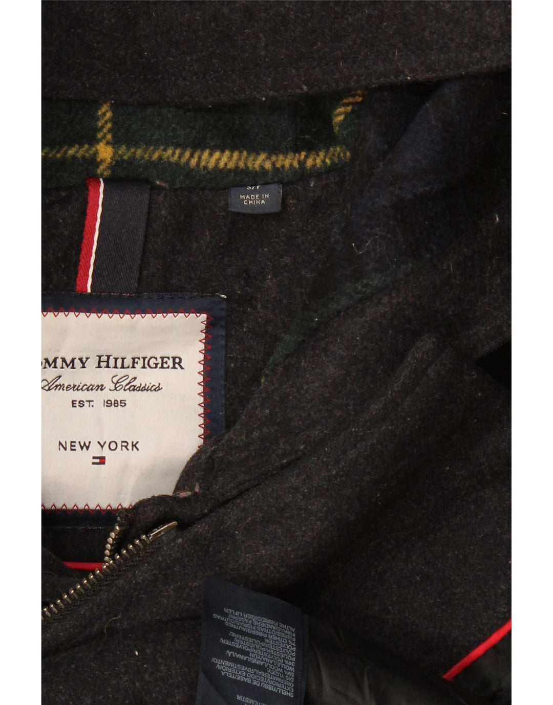 Damski płaszcz z kapturem Tommy Hilfiger UK 10 Small, szara wełna
