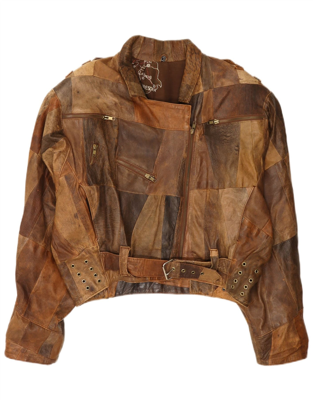 Damska skórzana kurtka bomber w stylu vintage UK 16, duża brązowa patchworkowa