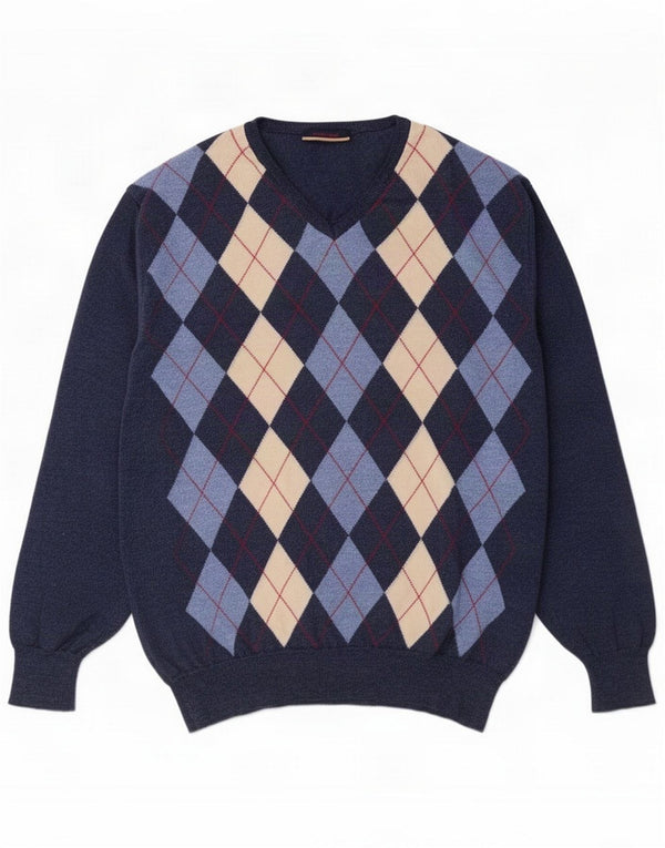 Męski sweter w stylu vintage z dekoltem w kształcie litery V IT 54 XL Granatowy Argyle/diamentowa wełna