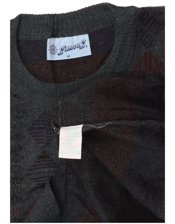 Vintage męski sweter z okrągłym dekoltem, średni niebieski, geometryczny, dziewicza wełna