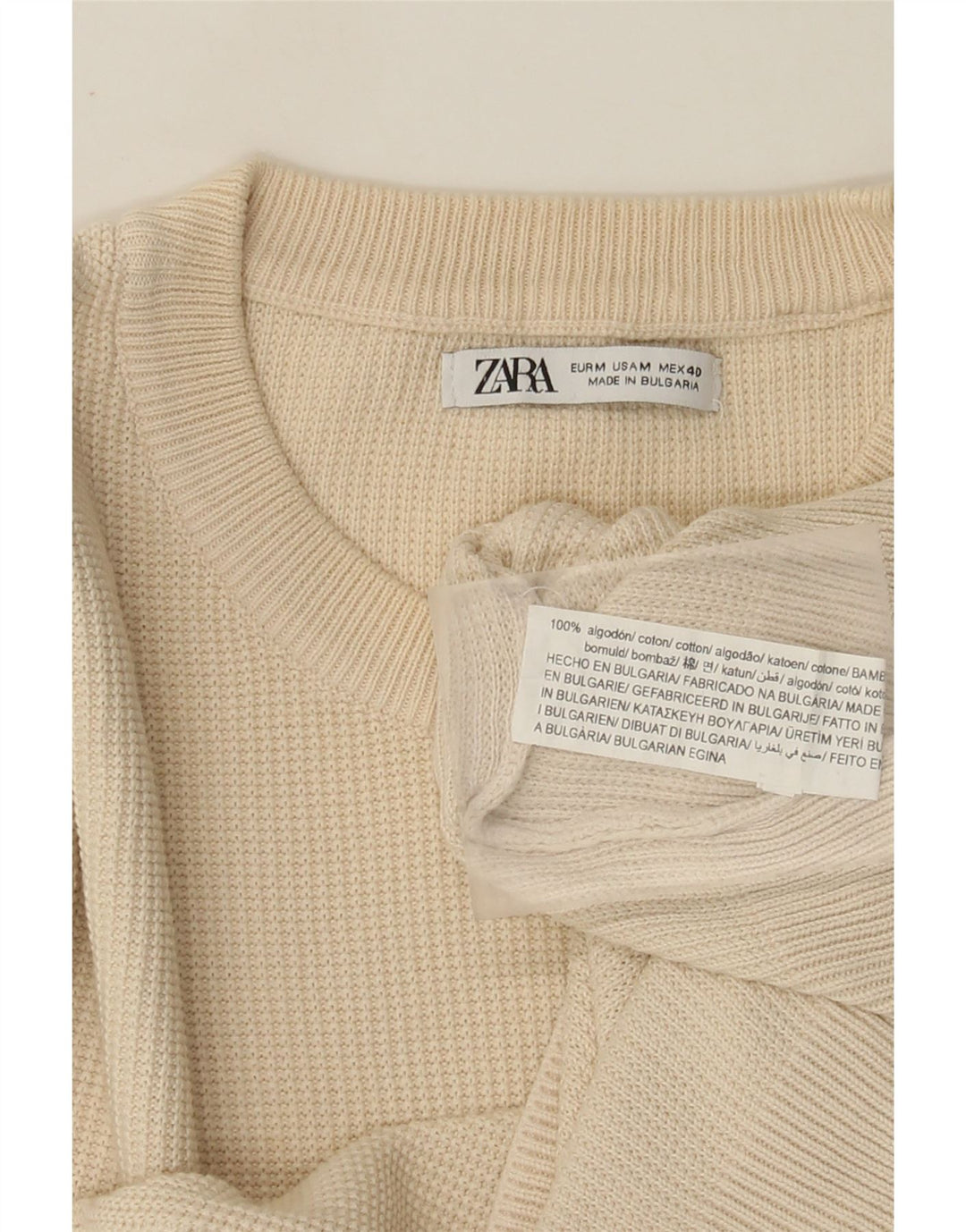 Męski sweter Zara z okrągłym dekoltem, średniej wielkości złamanej bieli, bawełniany
