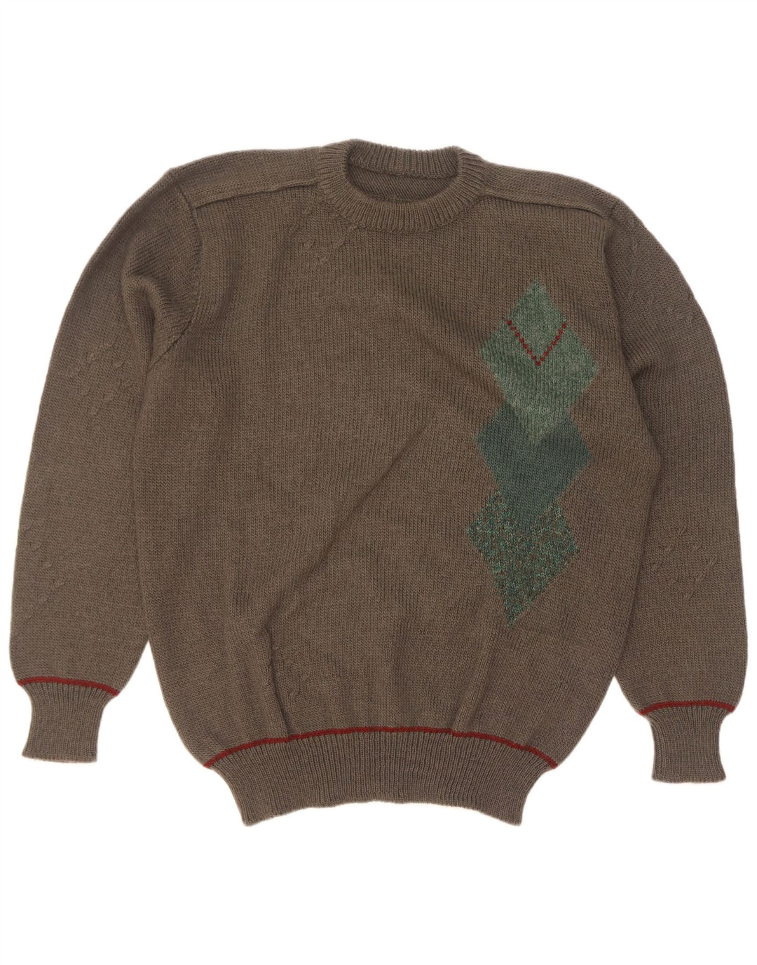 Vintage męski sweter z okrągłym dekoltem, duży Khaki Argyle/diament