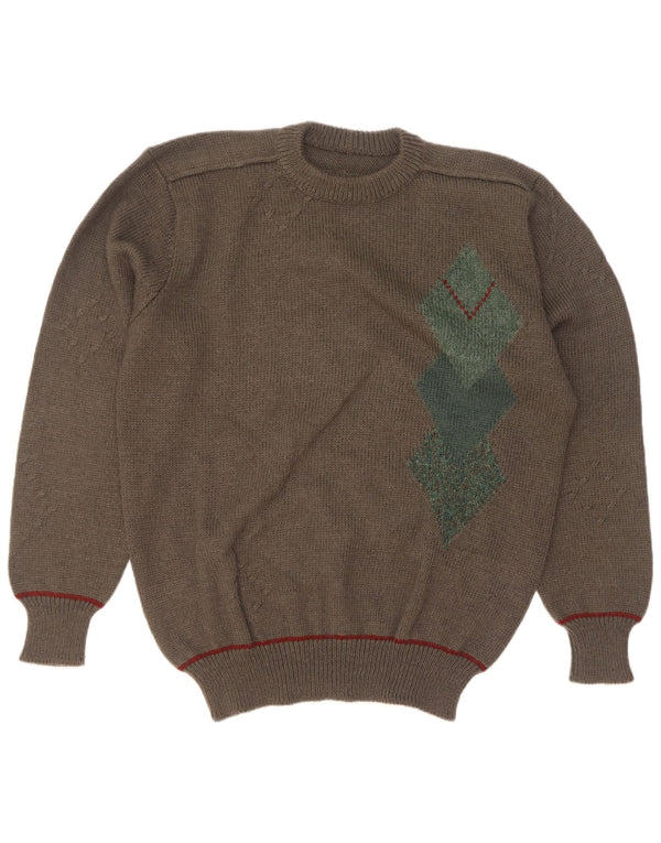 Vintage męski sweter z okrągłym dekoltem, duży Khaki Argyle/diament