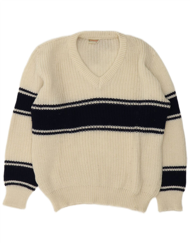 Męski sweter w stylu vintage z dekoltem w szpic, duży, biały, z blokami kolorów